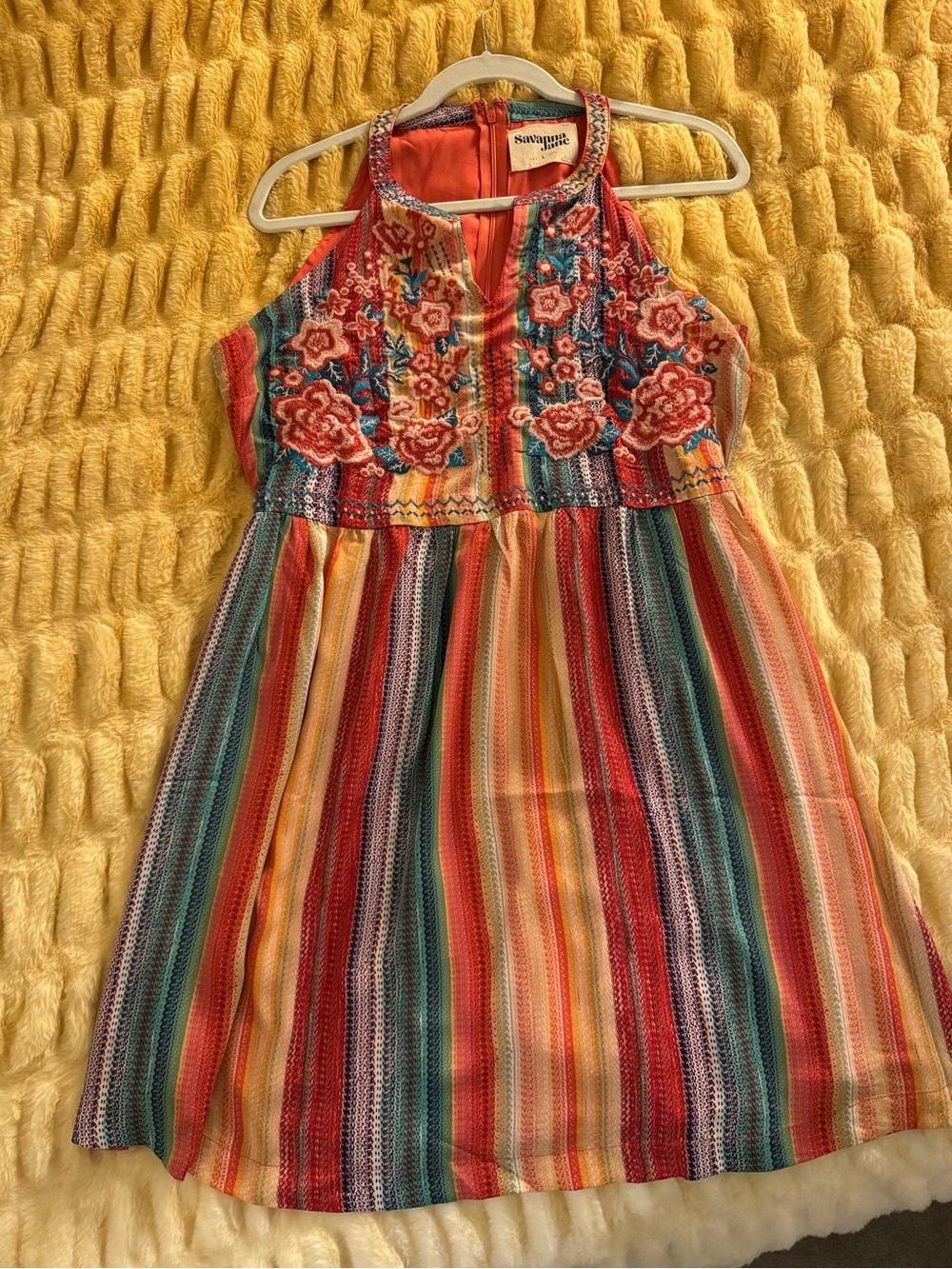 Savanna Jane Multicolor Striped Halter Dress with Floral Embroidery - Picture 1 of 4